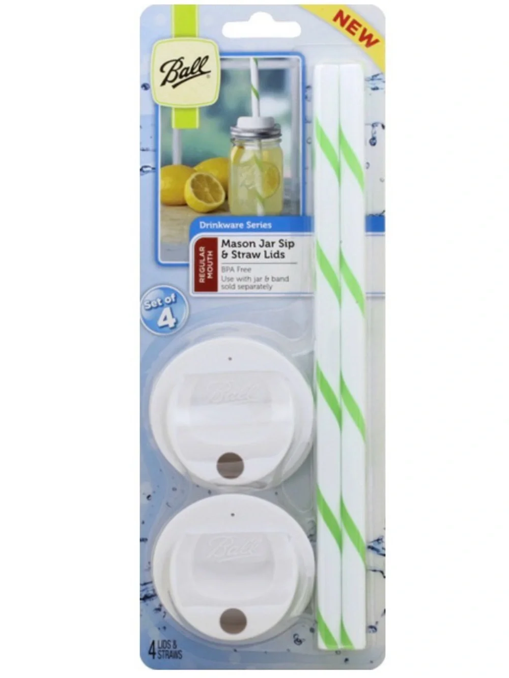 Ball Mason Jar Sip & Straw Lids - Set of 4x (White with Green Striped Straws)